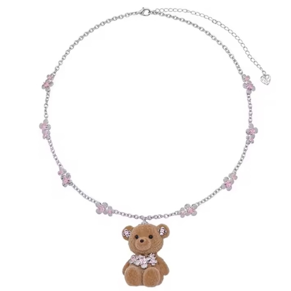 Silver chain with silver and pink flowers on it w/ cute bear pendant necklace